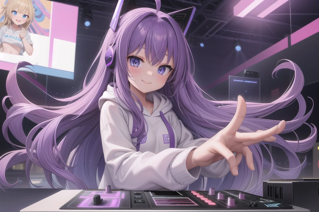 One girl, alone, 20-year-old, Blue Eyes, Purple Hair, Long, beautiful wavy hair, Ahoge, nice smile, White hoodie, Spectacular views, D Cup, Godley, headphone, Detailed DJ equipment, djing, masterpiece, Uplifting, Fine Fingers, 最high quality:1.4, high quality, detailed