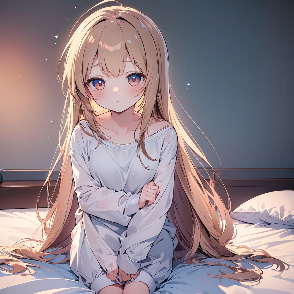 ((masterpiece)), ((Best Quality)), (Ultra-detailed), Anime style, 8k , Cute , 1girl in, Solo, light hair, sitting on the bed, bare shoulder, shy girl , hug a teddy bear ,  girl, young girl 