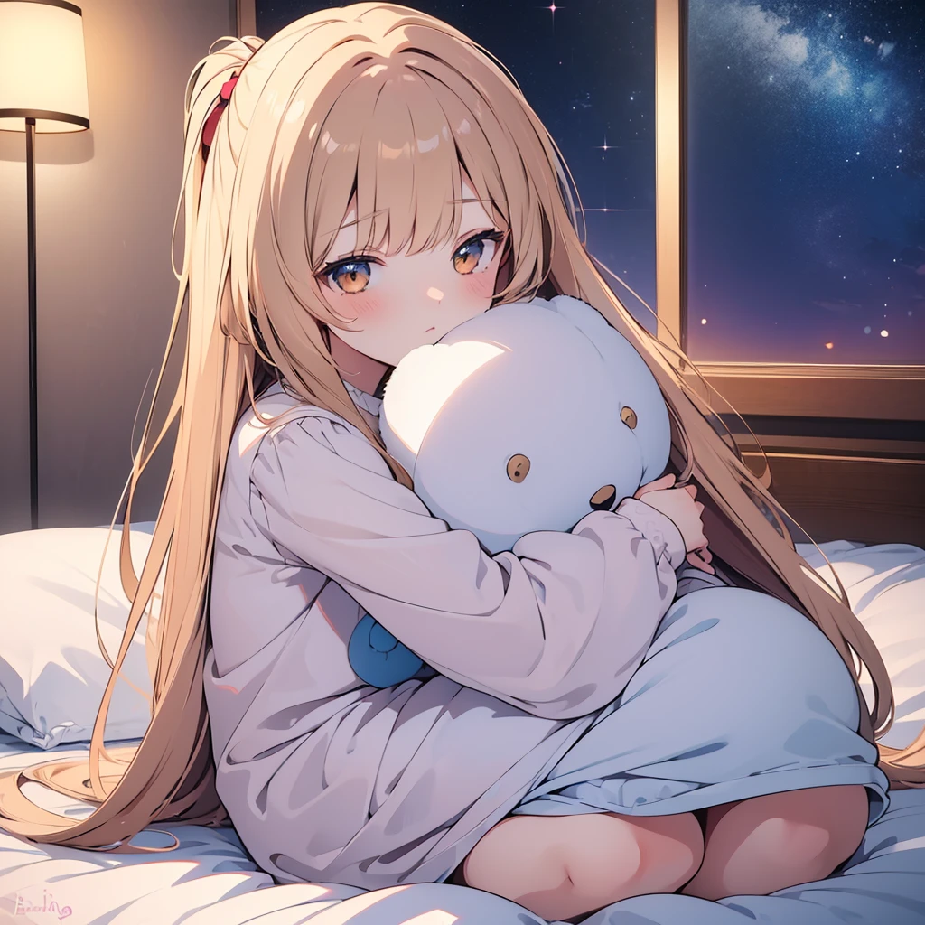 ((masterpiece)), ((Best Quality)), (Ultra-detailed), Anime style, 8k , Cute , 1girl in, Solo, light hair, sitting on the bed, bare shoulder, shy girl , hug a teddy bear , 14 year old girl, young girl