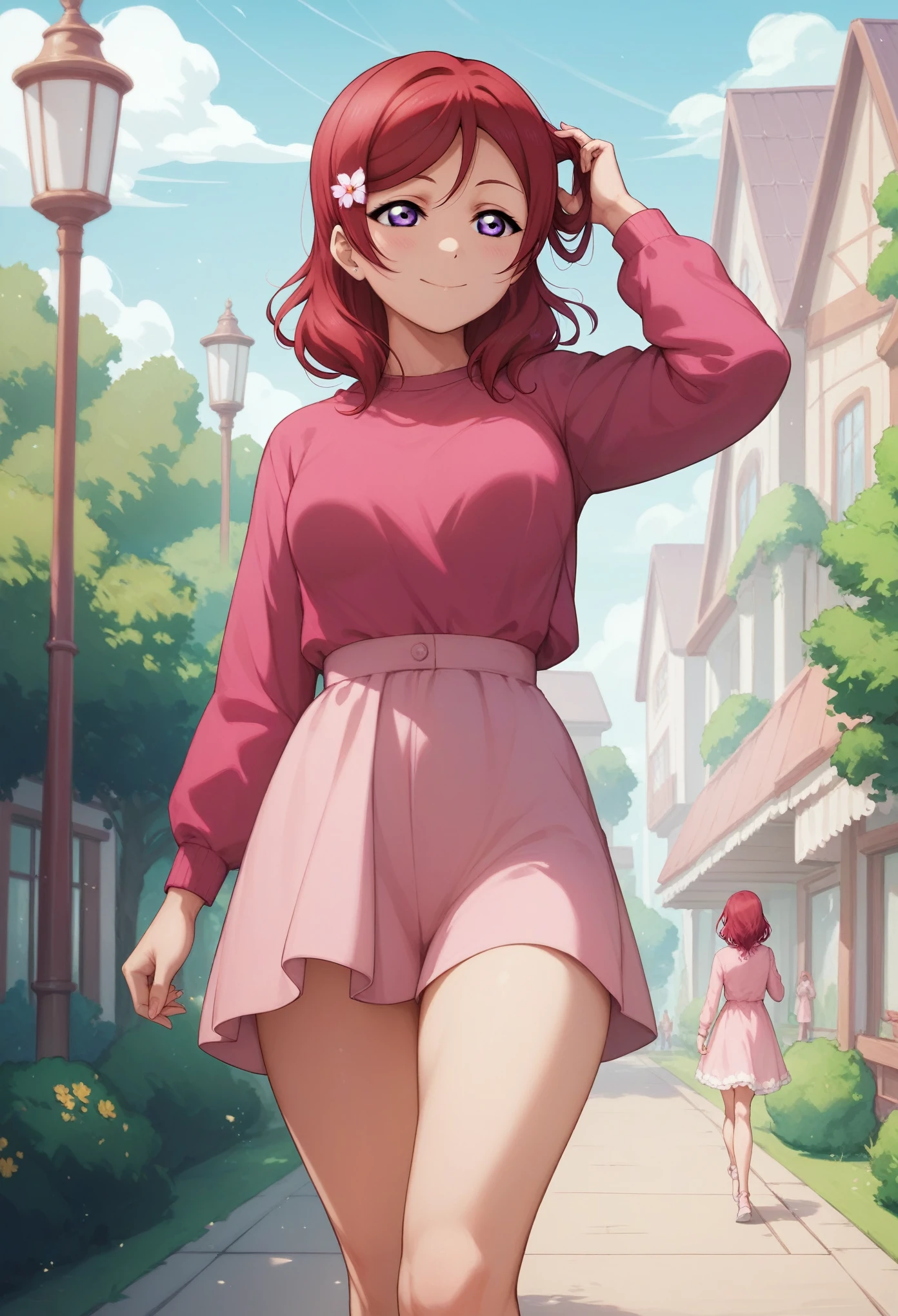 masterpiece, best quality, highres, nishikino maki,purple eyes,red hair, sexy, pink summer dress,llchar,love live, breasts apart , walking, thighs,long sleeves , one hand on hair 