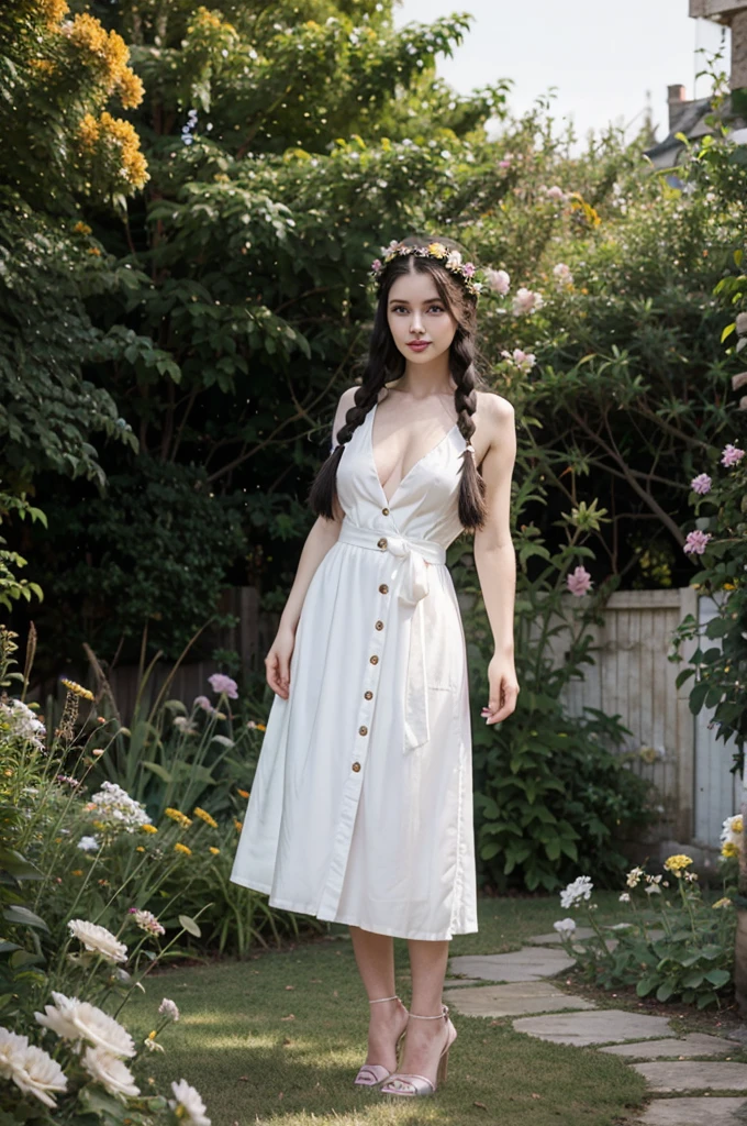 1 woman, 25 years old, british, very pale skin, white skin, black hair, straight hair, long hair, braids, onyx black eyes, straight nose, small button nose, big eyes, long eyelashes, very pretty woman, pink lips, medium size breast, slightly smile, flower crown, in the garden, standing, wearing high heels, black dress, full body