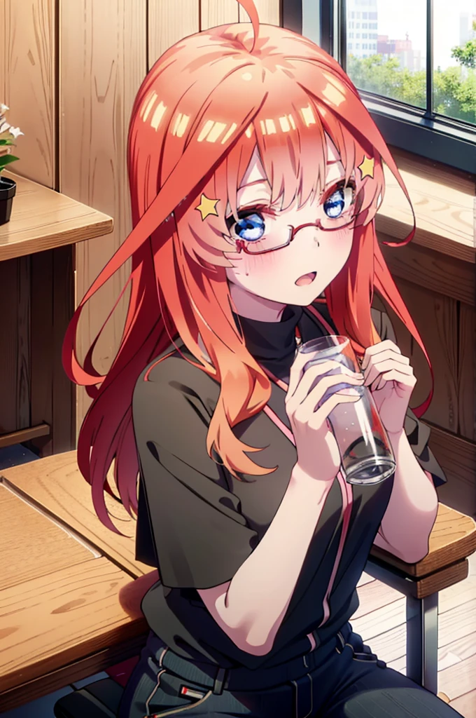 itsukinakano, itsuki nakano, bangs, blue eyes, Hair between the eyes, Ahoge, Redhead, star \(symbol\), hair ornaments, star hair ornaments,smile,Open your mouth,Red-rimmed glasses,Cold Shoulder Shirt,skinny pants,Stiletto heels,Sitting in a chair,There is a computer on the table,interior,Holding a hamburger with both hands and eating it,whole bodyがイラストに入るように,
break indoors, オフィス
break looking at viewer, whole body,
break (masterpiece:1.2), Highest quality, High resolution, unity 8k wallpaper, (figure:0.8), (Beautiful attention to detail:1.6), Highly detailed face, Perfect lighting, Highly detailed CG, (Perfect hands, Perfect Anatomy),