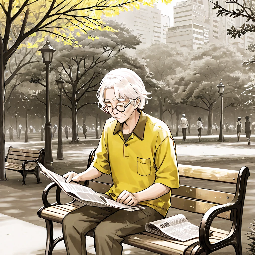 An old man with glasses and white hair，Wearing a yellow shirt，Sitting on a park bench reading a newspaper。Line drawing style，Suspenseful dark style。