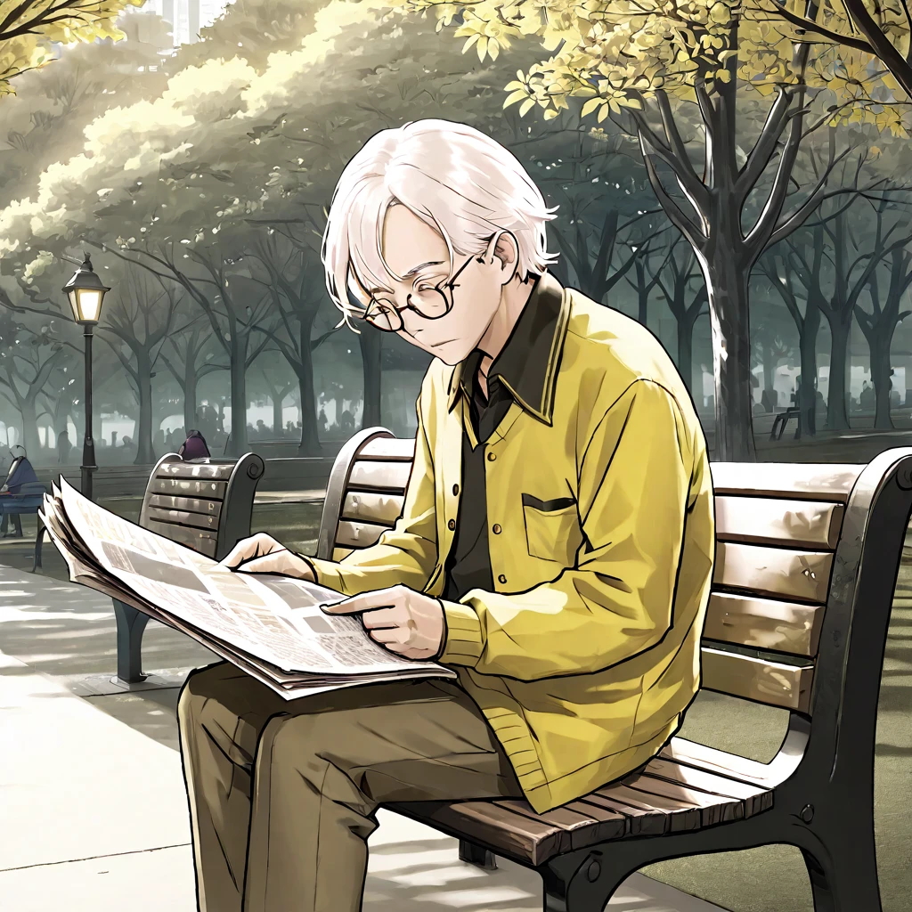 An old man with glasses and white hair,Wearing a yellow shirt,Sitting on a park bench reading a newspaper。Line drawing style,Suspenseful dark style。