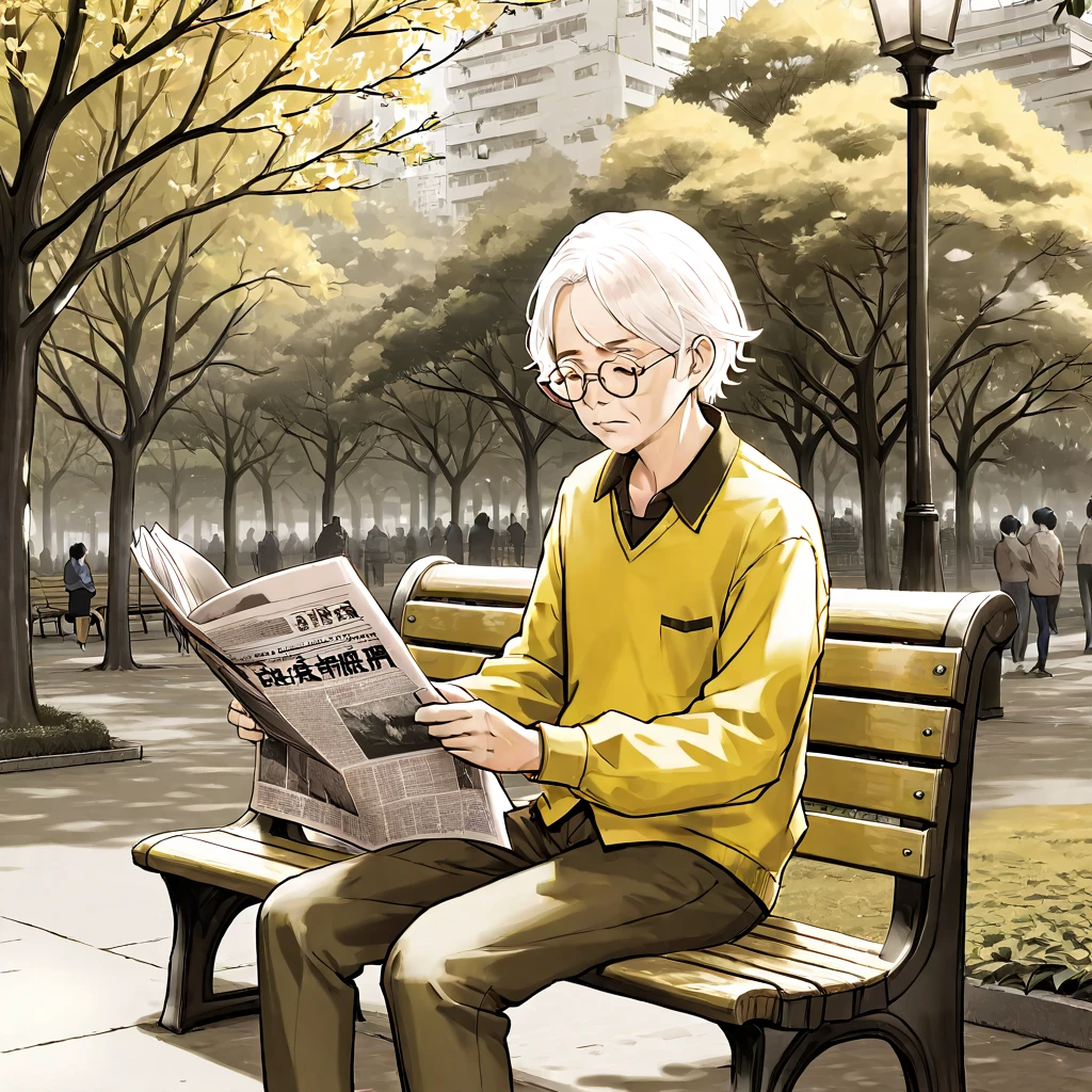 An old man with glasses and white hair,Wearing a yellow shirt,Sitting on a park bench reading a newspaper。Line drawing style,Suspenseful dark style。