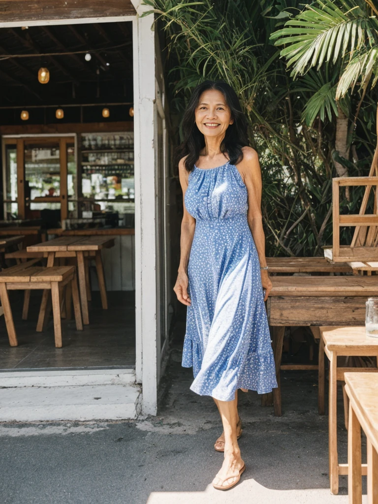 RAW PHOTO, her name is Dolores, high quality, 1 old woman, ((58-year-old slim filipina woman)), (((58 years old))), ((slim body)), ((wrinkled body)), (((old body))), (((long hair))), she is wearing a modest Generation X flowy sundress, POSE: walking, happy, vibrant, carefree BREAK, BACKGROUND: outdoor, cafe by the beach, film grain, instagram photo