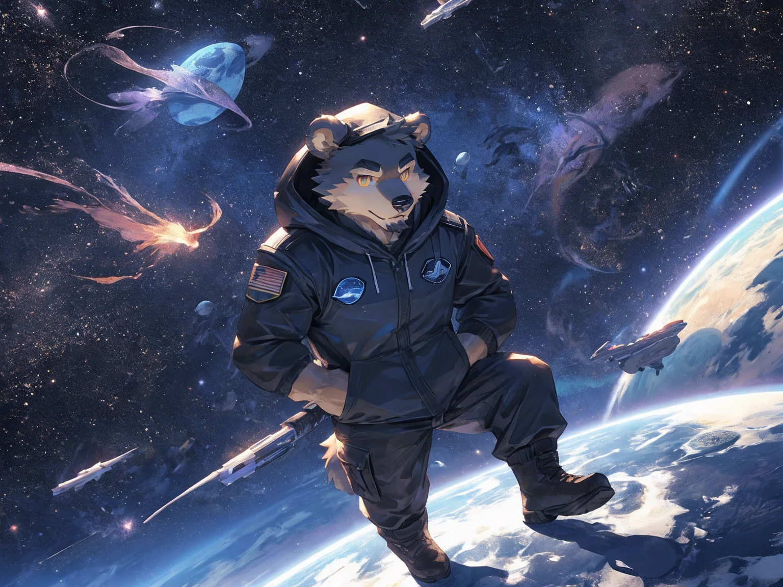 (masterpiece:1.2), best quality,pixiv,official art,perfect anatomy, (Ray tracing, light),solo, (1_male:1.3) , (muscle), (grey fur:1.4), (muscle bear), (beard:1.2), (gleaming golden eyes), bear tail, full body, Thick black eyebrows,(open hooded parka), (naked inside), (cargo pants:1.2), boots , (in the space:1.3) , star , planet , earth , asteroid , (character floating :1.3)