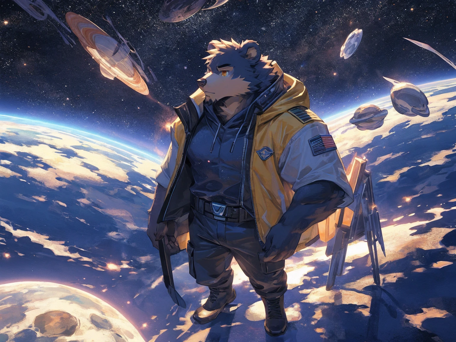(masterpiece:1.2), best quality,pixiv,official art,perfect anatomy, (Ray tracing, light),solo, (1_male:1.3) , (muscle), (grey fur:1.4), (muscle bear), (beard:1.2), (gleaming golden eyes), bear tail, full body, Thick black eyebrows,(open hooded parka), (naked inside), (cargo pants:1.2), boots , (in the space:1.3) , star , planet , earth , asteroid , (character floating :1.3)
