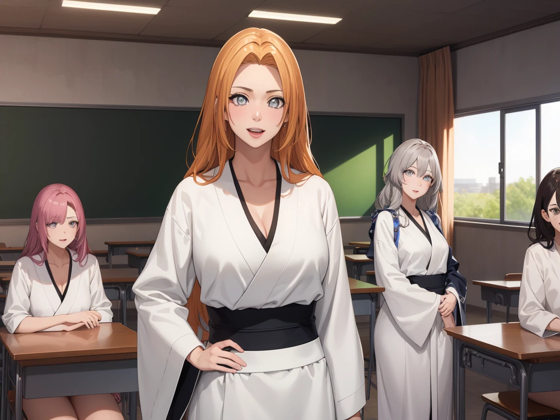 1women,milf, rangikumatsumoto, rangiku matsumoto, long hair, (grey eyes:1.5), orange hair, mole, mole under mouth, parted bangs, open mouth, smile,
BREAK wearing White_kimono,
BREAK indoors, classroom,
BREAK looking at viewer, (cowboy shot:1.5),standing,pose, hand on hip,
BREAK (masterpiece:1.2), best quality, high resolution, unity 8k wallpaper,NSFW ,(illustration:0.8), (beautiful detailed eyes:1.6), extremely detailed face, perfect lighting, extremely detailed CG, (perfect hands, perfect anatomy),