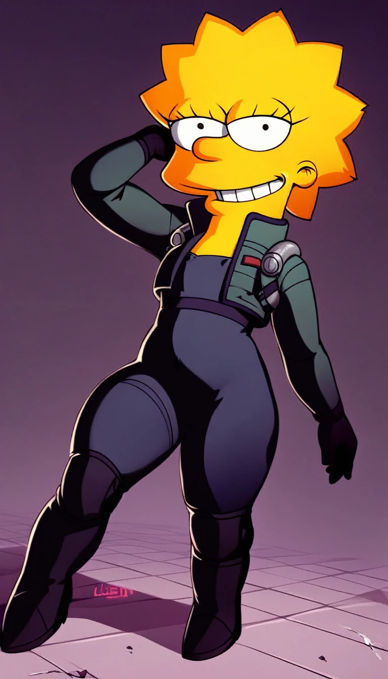 source_cartoon, (((1girl, solo, alone, lisa_simpson, short hair, flat chest, colored skin, yellow skin, shortstack))), looking at viewer, smile,

(((      biomechanical cyberpunk bounty hunter in a dystopian future, wearing a sleek black cybernetic hooded jumpsuit, long sleeves, black gloves, black boots, cutting-edge tactical gadgets, razor-sharp wit, illegal tech and weapon manufacturing lab,        ))),

sexy pose, dynamic pose, dynamic angle, cowboy shot,

indoor, dark,