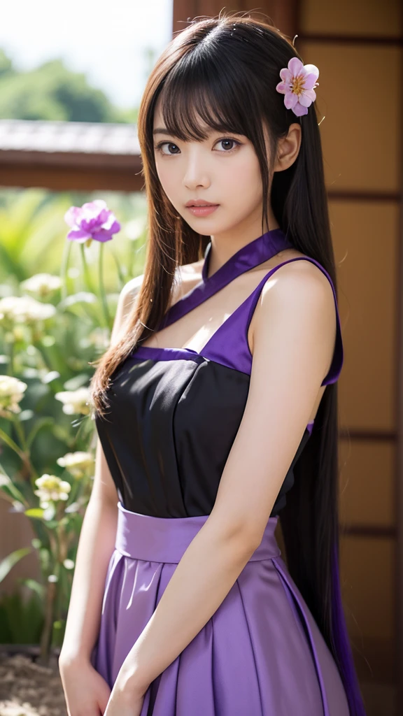 Anime girl in a purple and black dress with a purple sakura flower in her hair, artwork in the style of Gweitz, Gweitz, japanese Girl, Trending on cgstation, Cute anime in a nice dress, Gweitz on pixiv artstation, palace , Girl in Hanfu, Beautiful digital art, Gweitz on artstation pixiv
