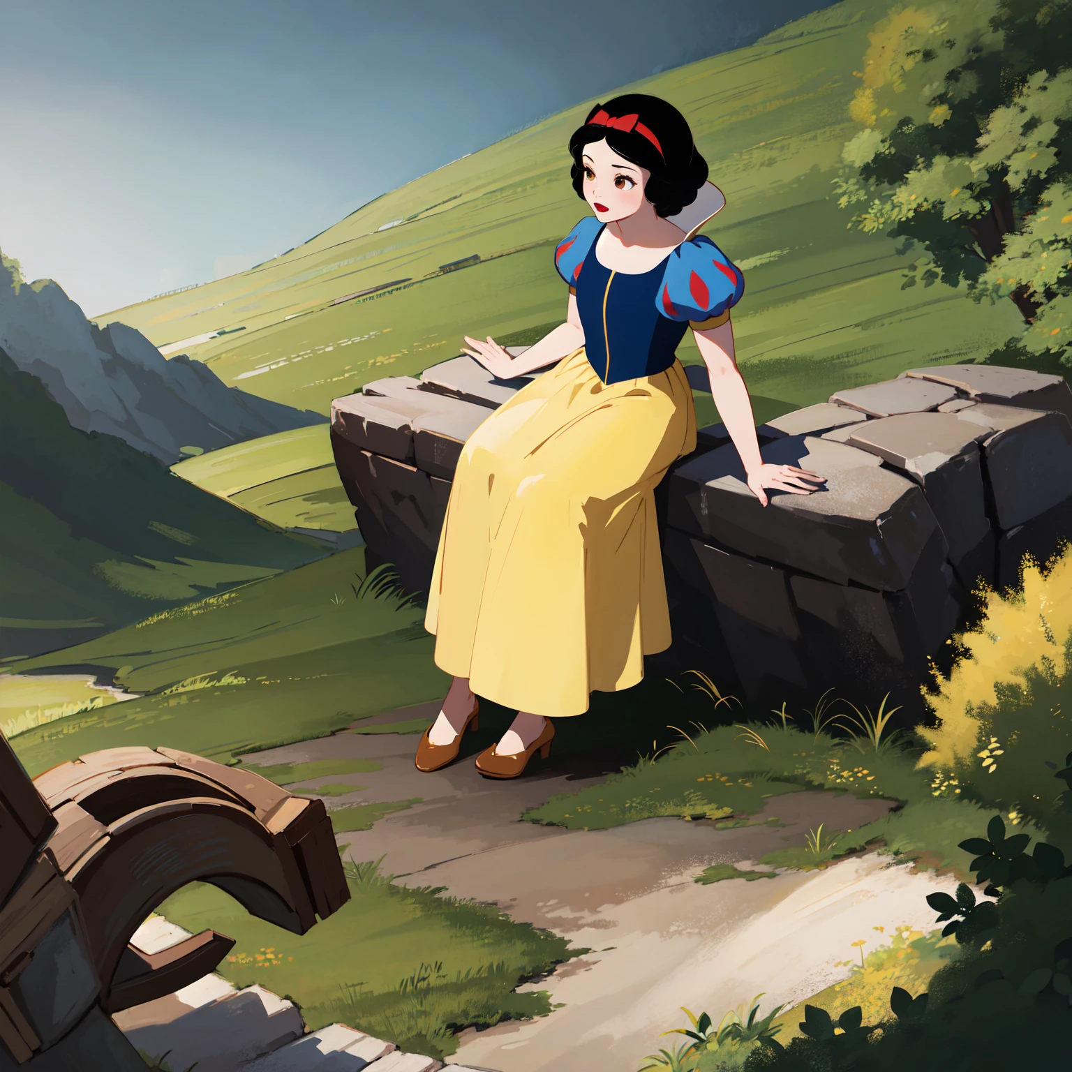 (((full body photo))) 1girl, solo,   snow white, short hair, black hair, bow, brown eyes, lipstick, red lipstick, pale skin,  short sleeves, hair bow, hairband, puffy sleeves, puffy short sleeves, yellow skirt,  sitting, sitting_on_rock