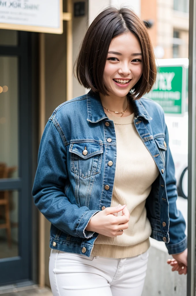Top quality, 1 beautiful woman, super short hair, blonde hair, Denim Jacket & white pants , Big Laugh, Sunlight