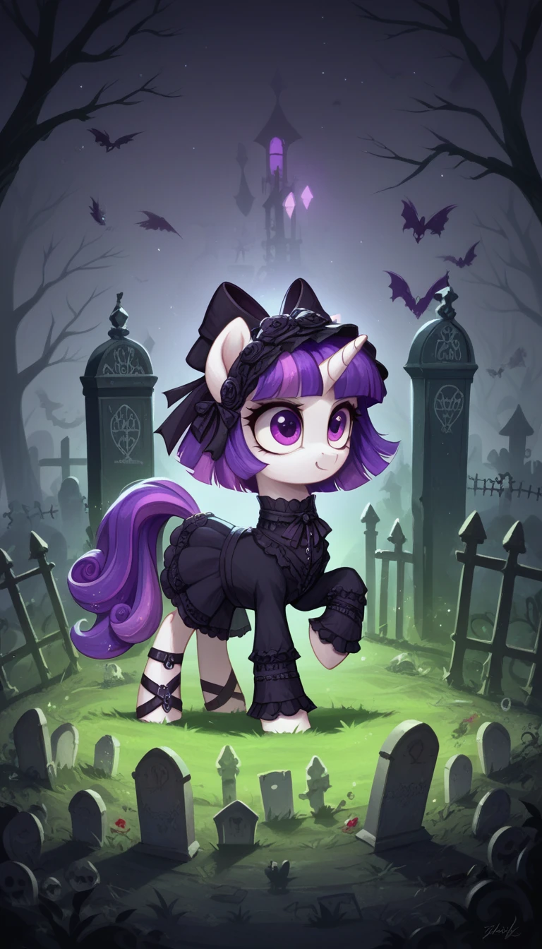 score_9,score_8_up,score_7_up,score_6_up, filly, female, unicorn, white fur, violet eyes, Gothic pony, ta fashion, glowing backlight, fashion show, graveyard, glitter, whimsical, enchanted, magical, fantasy art concept, intricate details,