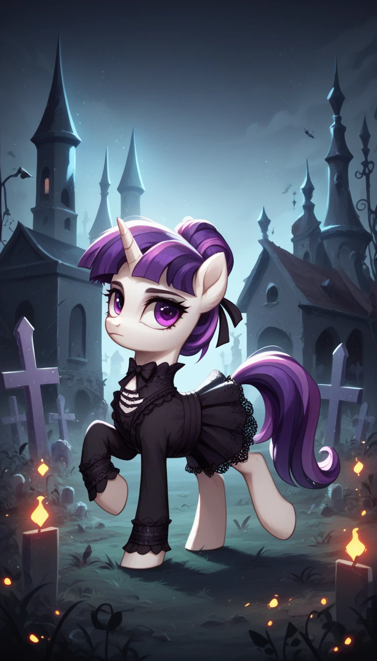 score_9,score_8_up,score_7_up,score_6_up, filly, female, unicorn, white fur, violet eyes, Gothic pony, lolita fashion, glowing backlight, fashion show, graveyard, glitter, whimsical, enchanted, magical, fantasy art concept, intricate details,