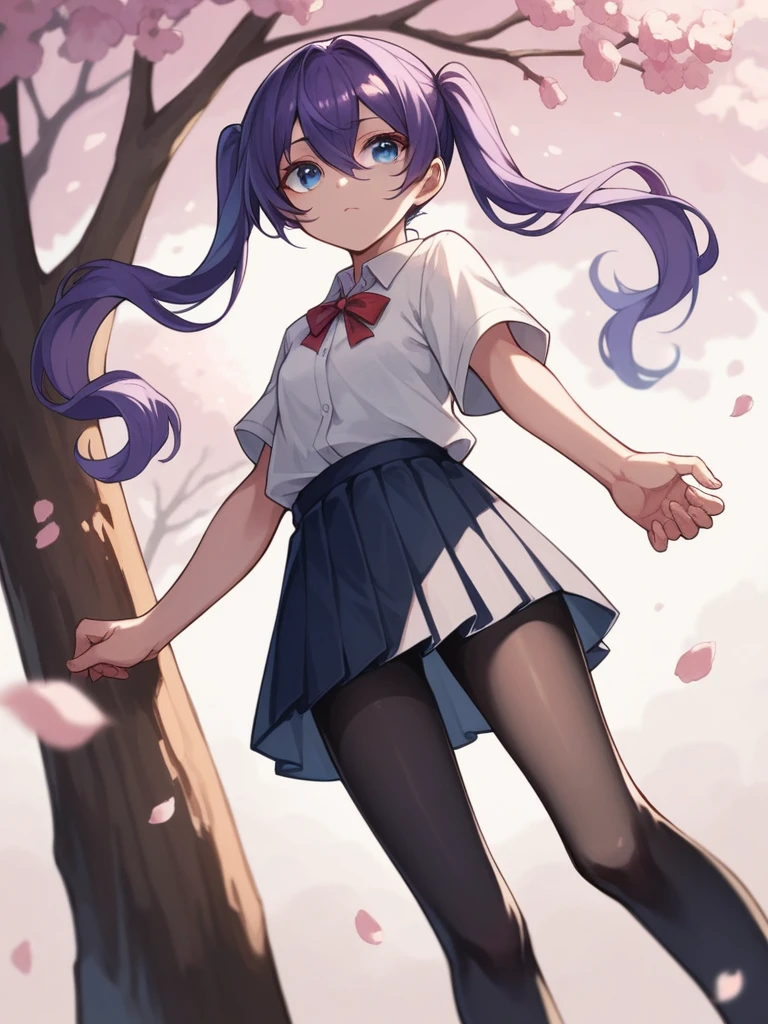 blue eye, red eye, sharp eyes, pointed eyes, purple hair, hair between eyes, curly twintails, cat mouth, masterpiece, sharp focus, best quality, cinematic lighting,blue eyes, hair between eyes,perfect face, legs thick, white short-sleeved shirt, short school skirt, black pantyhose, looking around, cherry blossom tree