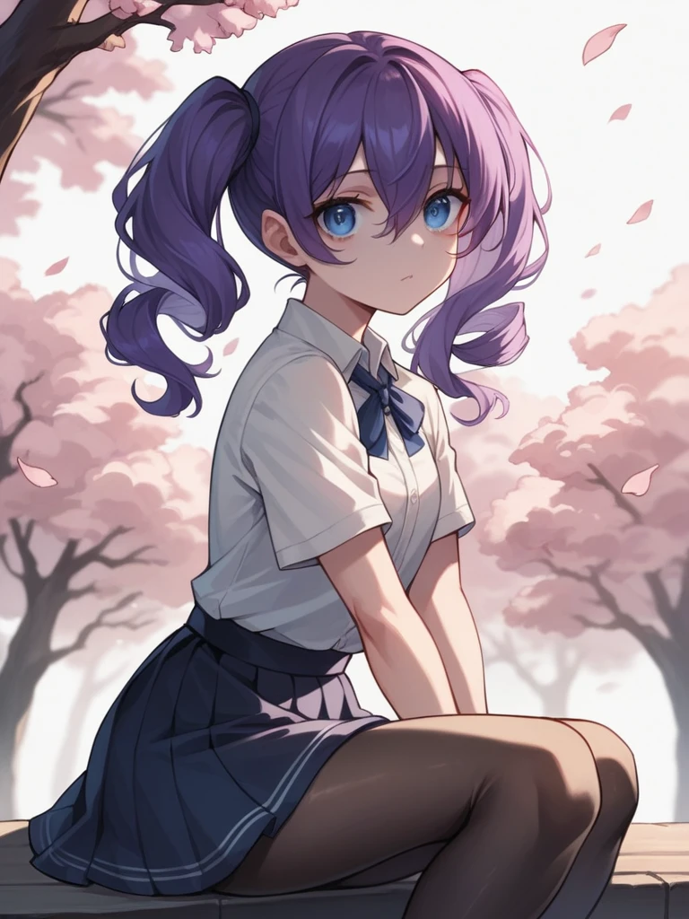 blue eye, red eye, sharp eyes, pointed eyes, purple hair, hair between eyes, curly twintails, cat mouth, masterpiece, sharp focus, best quality, cinematic lighting,blue eyes, hair between eyes,perfect face, legs thick, white short-sleeved shirt, short school skirt, black pantyhose, looking around, cherry blossom tree