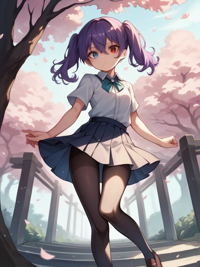 blue eye, red eye, sharp eyes, pointed eyes, purple hair, hair between eyes, curly twintails, cat mouth, masterpiece, sharp focus, best quality, cinematic lighting,blue eyes, hair between eyes,perfect face, legs thick, white short-sleeved shirt, short school skirt, black pantyhose, looking around, cherry blossom tree