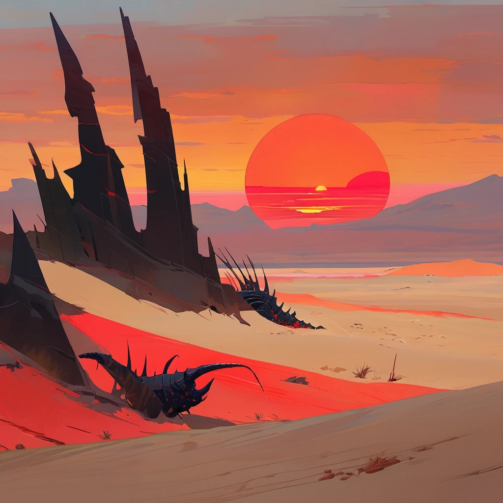 Old West, Desert, scorching sun, silhouette, gloomy, horizon, from far, Oil paint, red sun,(only red and black color palette), Giant glass shards in sand, spiky glass structures, massive giant worm crawling in the dunes, sand dunes, dune, worm