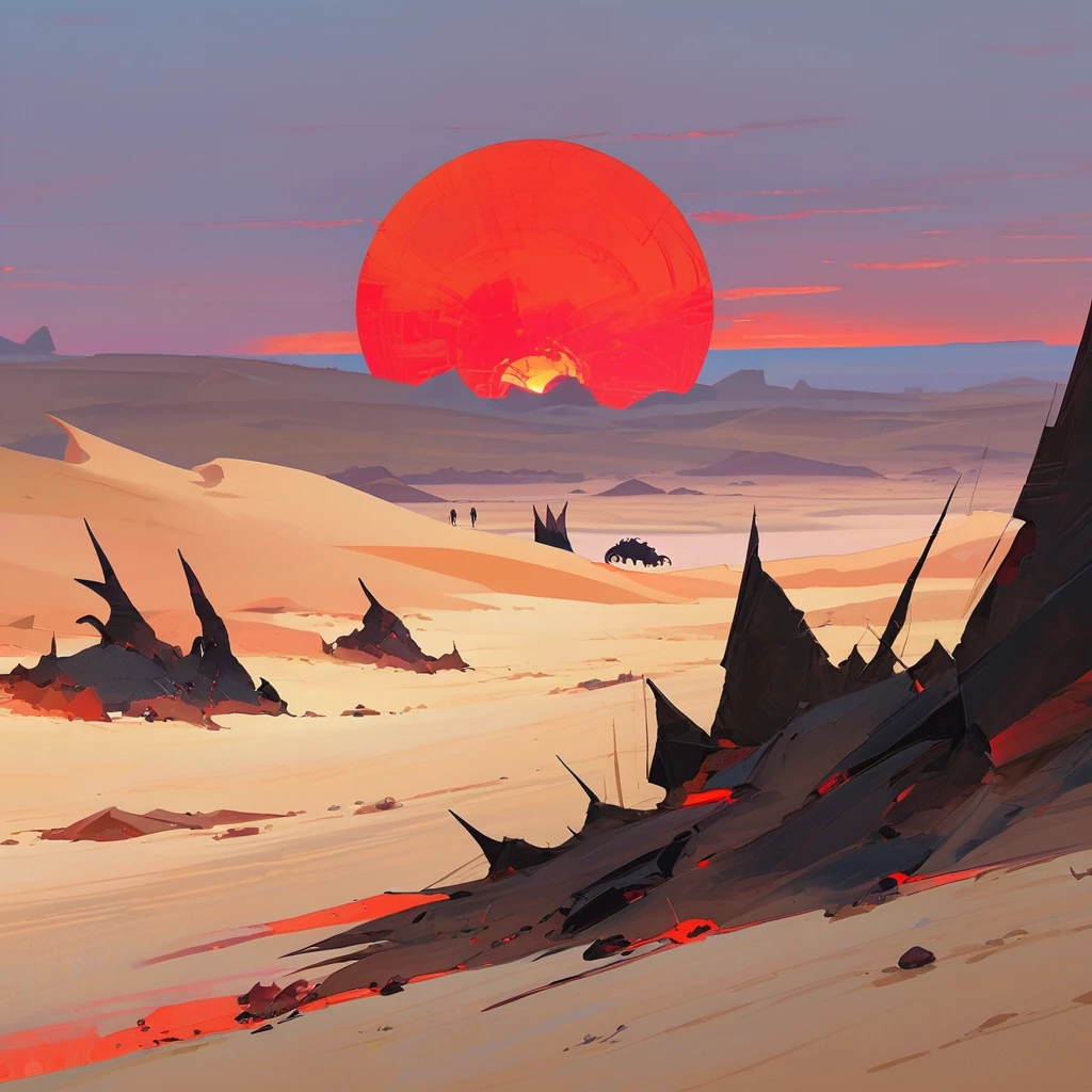 Old West, Desert, scorching sun, silhouette, gloomy, horizon, from far, Oil paint, red sun,(only red and black color palette), Giant glass shards in sand, spiky glass structures, massive giant worm crawling in the dunes, sand dunes, dune, worm