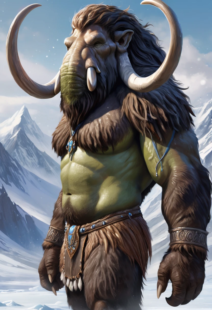 Humanoid creature that looks like a cross between a half-orc and a woolly mammoth. Wearing a loin cloth and standing in a frozen tundra. The creature should have a mouth. humanoid, fantasy art, Official art, award winning digital painting, digital illustration, extremely detailed, 4k, ultra hd, rococo, polished, intricate, realistic fantasy art, sharp focus, concept art, art by wlop, (2d vector illustration)