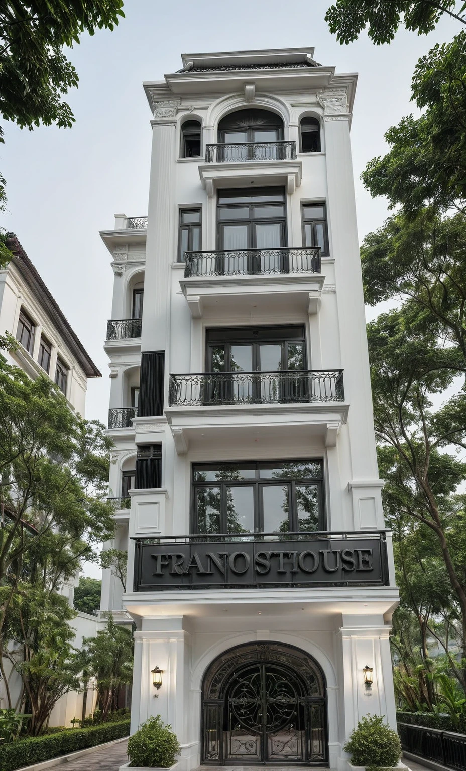 RAW photo,Exterior neo classic house, Inspired by French architecture, neo classic style, black and white, ((Highly detailed sculpted cornices at the tops of columns and walls)), French style roof, townhouse in residential area, The building is located in an urban area of Hanoi Vietnam, mix white and black steel facade, facing the road, (sidewalks), (sidewalk trees), (gate), (ultra realistic), (super high details:1.5), clean white sky, natural lighting, (curvilinear architecture:1.2), (sharpen:1.2), 8k uhd, dslr, soft lighting, high quality, film grain, Fujifilm XT3