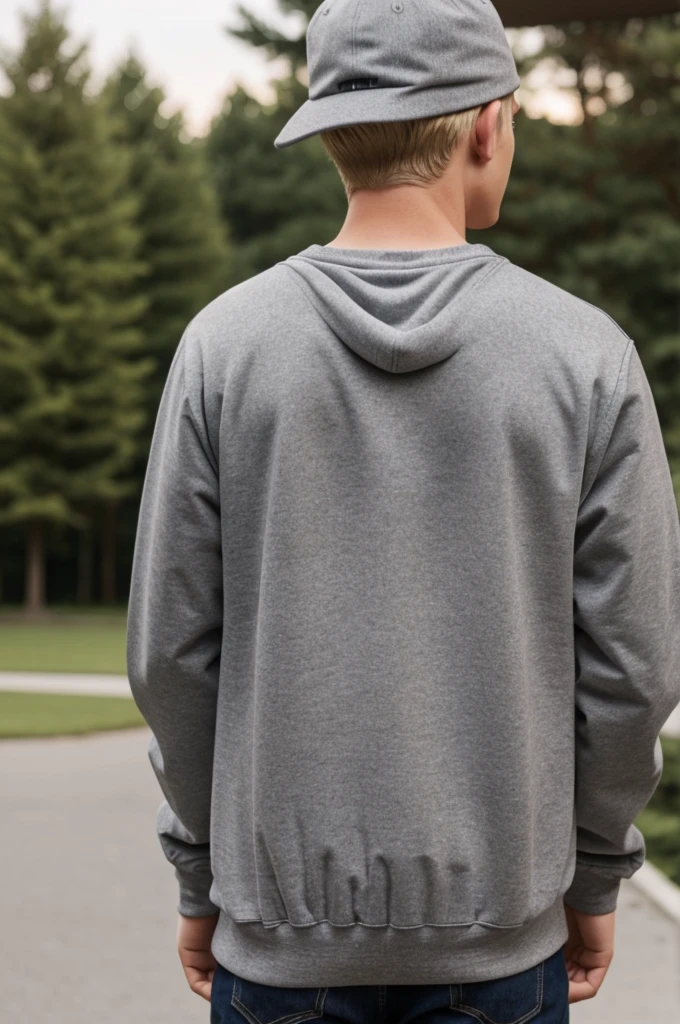 Blonde teenager with his back turned forward, not showing his face, wearing a gray sweatshirt and wearing a hat 