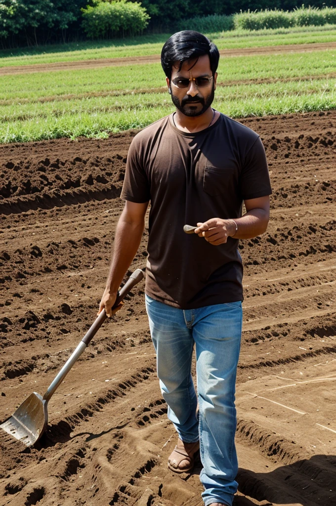 Ravi Digging the Field**: Ravi with a shovel, digging the field with some effort but a frustrated expression on his face.
