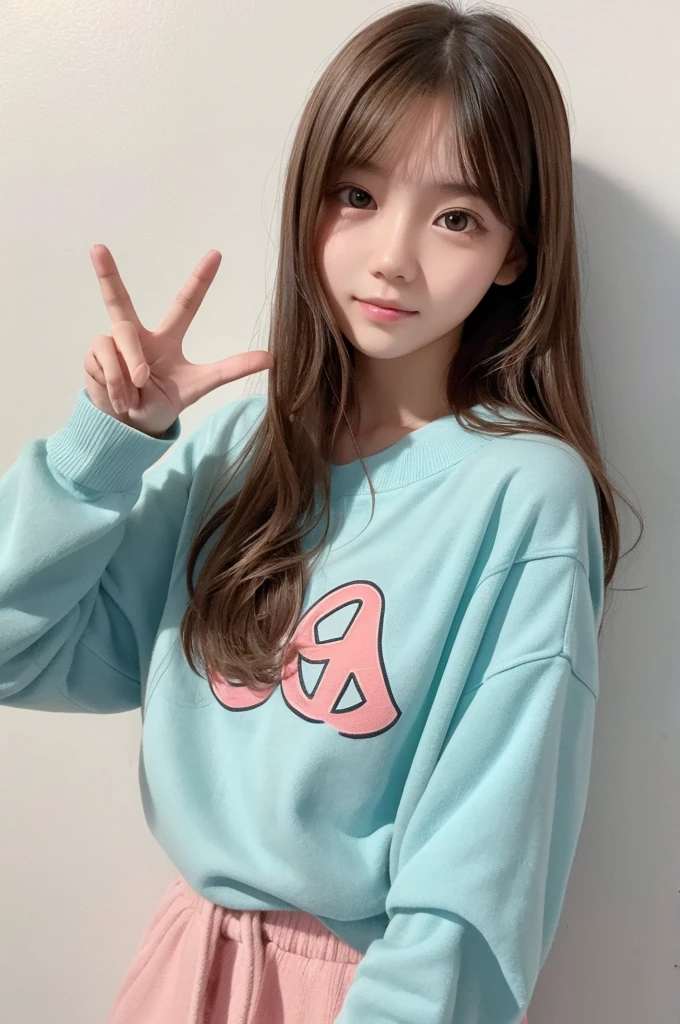 17-year-old girl Cute face Shiny hair, simple clothes Simple Background peace sign