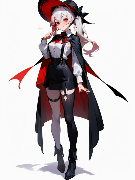 (concept: Sexy sister)masterpiece, best quality, very aesthetic,((HD Face))((Big breasts)), Body((("Shining red eyes" + "White highlights and black double ponytails" + "Small Frame" + "little devil" + "Flexible fingers" + "Succubus" + "Cute button nose" + "A big smile" + "Holding a magic wand")))
clothing("Boots" + "Hole in suspenders" + "Open revealing tights" + "A cape that changes color depending on your mood" + "A wide-brimmed hat"), ((In the medieval night)), (((Shoot above the knee)))