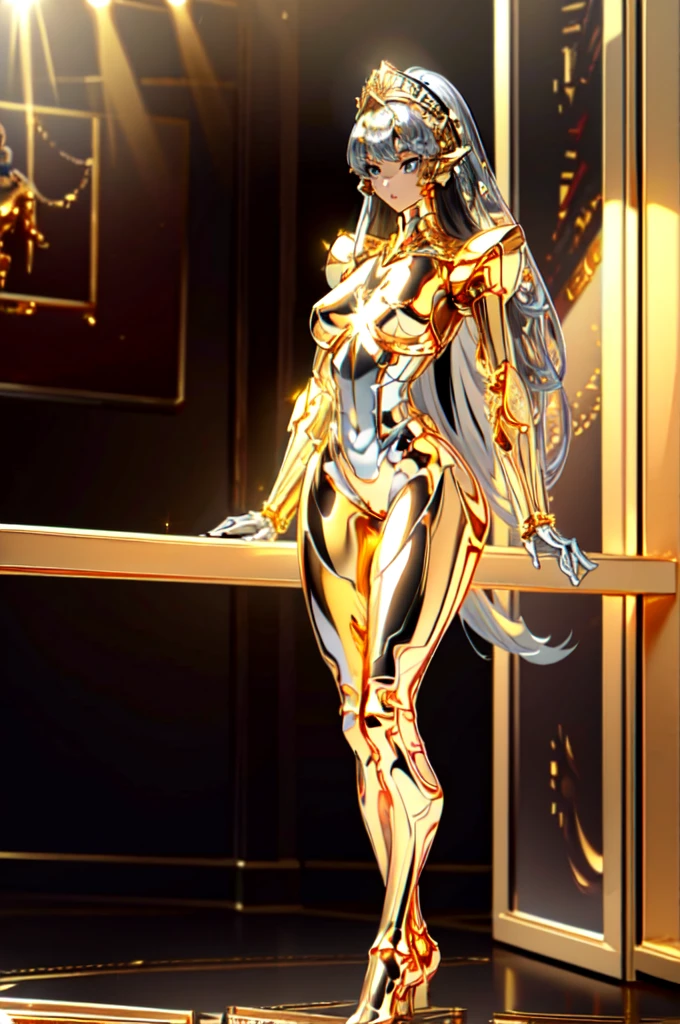 highest quality, masterpiece, High resolution, (Exquisite body: 1.5), Gorgeous face, (metal skin: 1.3), Intricate details, High resolution, wallpaper, whole body, 
whole bodyショット, 1 Girl, Transparent robot body, Naked skeleton, tied to a transparent tube, (((((Gold and silver body parts)))), Pretty, beautiful, perfect face, Big eyes, Silver floating hair, Natural pose, 
16k, High resolution, High Resolution, Depth Field, (Film Grain: 1.1), Book, Golden Hour, (Lens flare), Vignette, rainbow, (Color Grading: 1.5)