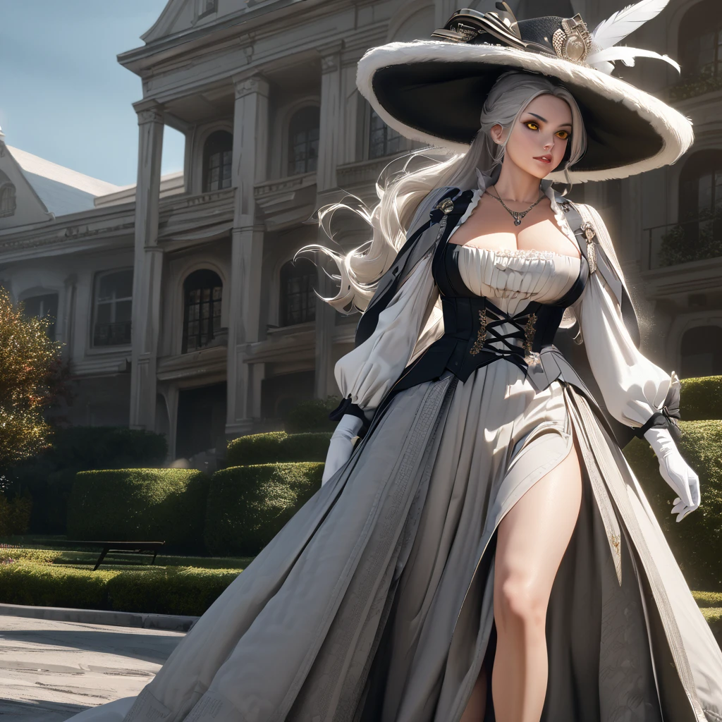 A woman wearing a British lady's dress from the 1700s, gray dress with silver details, large breasts, perfect face, perfect eyes, perfect lips, long sleeves, luxury madam's hat with white feathers and silver details, long white hair , ponytail hair, white gloves, white heels, yellow eyes, standing, walking on a concrete sidewalk in a luxury garden, a mansion in the background, British aesthetics from the 1700s,,realistic,close view, (woman alone),UHD , prime work , accurate , anatomically correct , textured skin , super details , high quality , best quality, 8k, high resolution, bokeh effect
