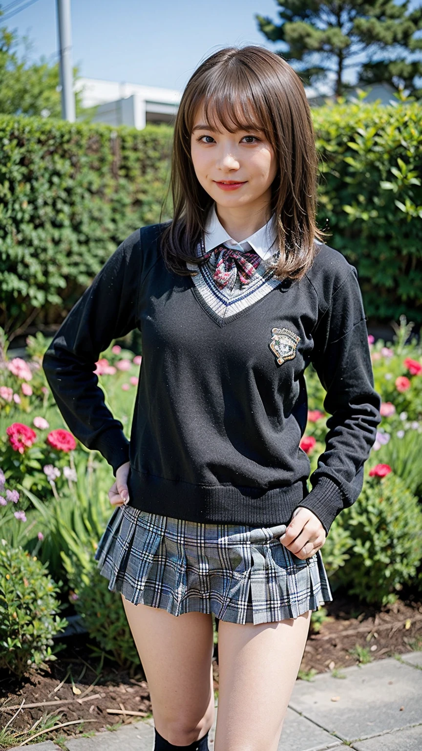 (8K、RAW Photos、Highest quality、masterpiece:1.2)、(Realistic、Realistic)、1 Girl、((Black Check Mini Skirt、High School Uniform、smile、sweater、Navy Socks、loafers、garden、View from the front、Looking into the camera、Stand with hands on hips))、cute