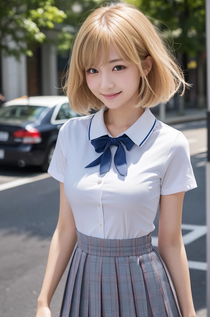 (8K, RAW Photos, Highest quality, masterpiece:1.2), Super detailed, Ultra-high resolution, (Realistic, Photorealistic:1.37), High-definition RAW color photos, Professional photos, Very delicate and beautiful, Very detailed, 8K壁紙, (Beautiful and detailed eyes)、(Beautifully detailed face),Anatomically correct body shape, Natural light,low angle,from below, woman、Japanese、20-year-old, Blonde、Short Bob、 (A shy smile:1.3), Fine and beautiful skin、Skin Texture、 (Slim waist:1.2)、(E cup bust:1.21), (school uniform, short sleeve shirt:1.25),Standing,Sharp focus、The background is the real Shibuya city