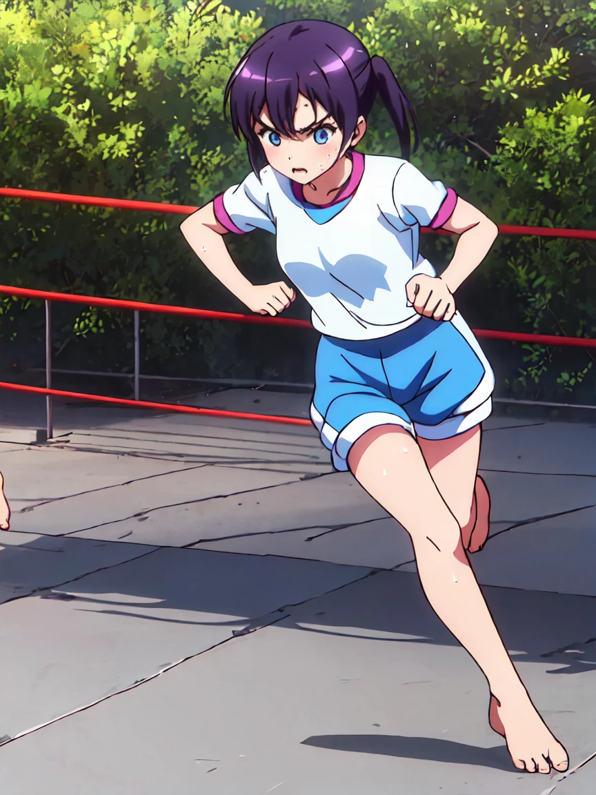 Full body view,,The characters are、Please leave them alone.,A girl with a tired expression、Let me dash around the schoolyard,A girl running alone,gym shirts,Highest quality,,1990s anime style,White shirt and blue bloomers,Angry expression,barefoot,The girl is sweating、Running with a tired look,