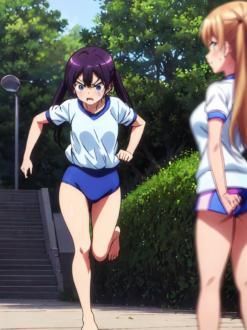 Full body view,,The characters are、Please leave them alone.,A girl with a tired expression、Let me dash around the schoolyard,A girl running alone,gym shirts,Highest quality,,1990s anime style,White shirt and blue bloomers,Angry expression,barefoot,The girl is sweating、Running with a tired look,