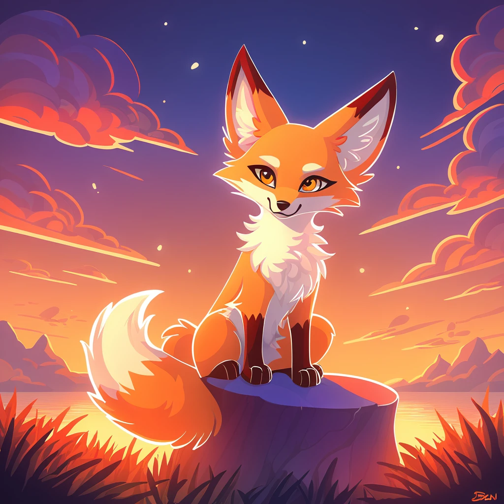 super fluffy fox in dreamworks art style, evening background