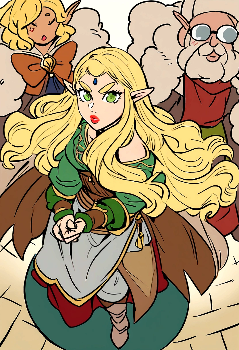 short art style:0.7), punctuation_9, punctuation_8_High above, punctuation_7_High above, punctuation. Girl with long wavy hair, they are brilliant, and blonde. round green eyes, heart-shaped lips, thin eyebrows, medieval elf clothing, elf ears, skin fair, broadshouldered, medium height, fluffy and soft skin, light red lips, wavy fringe, bow with arrows in the back, gloves that show fingers, ankle boots, and eye mark popularly known as Hand of Fátima, Hamsa or Hamsa, This symbol of Islamic origin has crossed different religions and cultures. (Detailed fighting pose with bow)