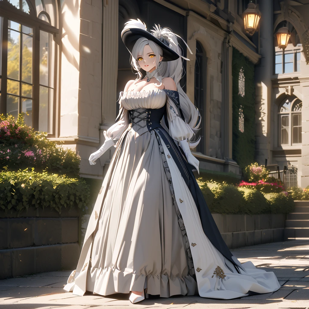 A woman wearing a British lady's dress from the 1700s, gray dress with silver details, large breasts, perfect face, perfect eyes, perfect lips, long sleeves, luxury madam's hat with white feathers and silver details, long white hair , ponytail hair, white gloves, white heels, yellow eyes, standing, walking on a concrete sidewalk in a luxury garden, a mansion in the background, British aesthetics from the 1700s, close view, (woman alone),UHD , prime work , accurate , anatomically correct , textured skin , super details , high quality , best quality, 8k, high resolution, bokeh effect
