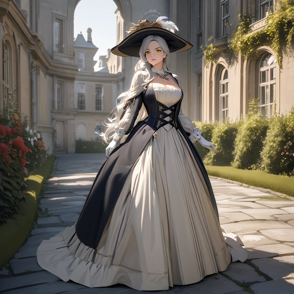 A woman wearing a British lady's dress from the 1700s, gray dress with silver details, large breasts, perfect face, perfect eyes, perfect lips, long sleeves, luxury madam's hat with white feathers and silver details, long white hair , ponytail hair, white gloves, white heels, yellow eyes, standing, walking on a concrete sidewalk in a luxury garden, a mansion in the background, British aesthetics from the 1700s, close view, (woman alone),UHD , prime work , accurate , anatomically correct , textured skin , super details , high quality , best quality, 8k, high resolution, bokeh effect
