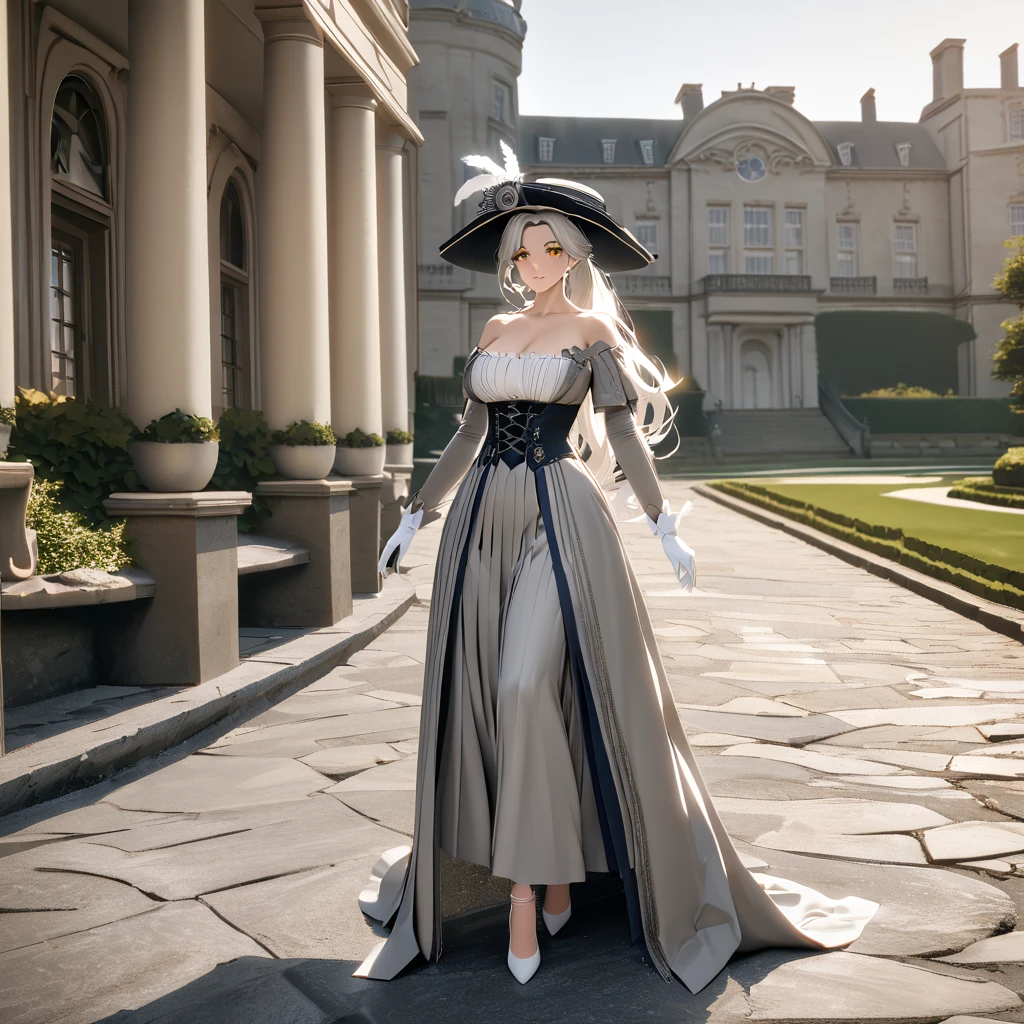 A woman wearing a British lady's dress from the 1700s, gray dress with silver details, large breasts, perfect face, perfect eyes, perfect lips, long sleeves, luxury madam's hat with white feathers and silver details, long white hair , ponytail hair, white gloves, white heels, yellow eyes, standing, walking on a concrete sidewalk in a luxury garden, a mansion in the background, British aesthetics from the 1700s, close view, (woman alone),UHD , prime work , accurate , anatomically correct , textured skin , super details , high quality , best quality, 8k, high resolution, bokeh effect
