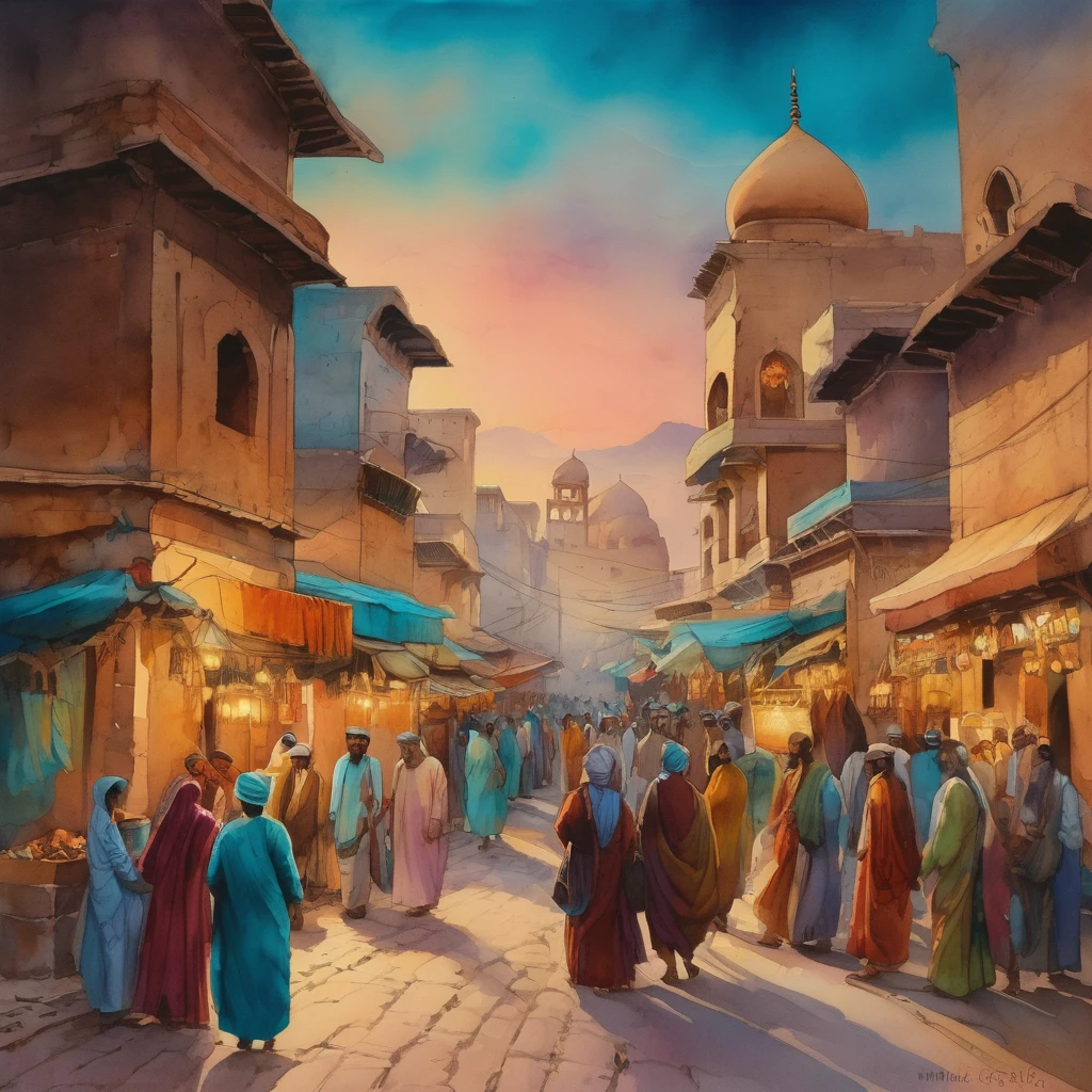 landscape, captivating cinematic watercolor painting, of persian silk merchants outside Antoquia, camels, people in a street market, at dusk, under a rose and teal sky. Silk spice and ivory merchants gather in the street offering luxury products, masterpiece, vivid colors, warm lighting, detailed architecture, intricate patterns, ornate fabrics, bustling crowd, atmospheric haze, golden hour, birds eye view