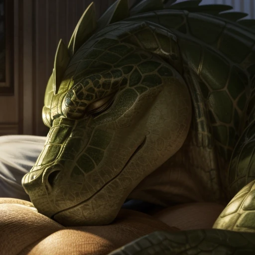 A muscle green male alligator, a muscle green male lizardmen , sleeping, detailed face, very close face