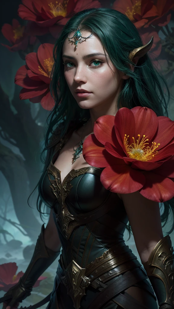 A beautiful woman in the flowers, (vermilion:1.4) , green theme, low warranty color, (huge flowers:1.4), (mujigreen_20240414122817:0.8) , masterpiece, best quality,Epic Fantasy Art Style HD, 4K fantasy art, epic fantasy digital art style, epic fantasy art style, Fantasy Woman, epic fantasy art portrait, Epic fantasy style, hyperrealistic fantasy art, hd fantasy art, Epic fantasy character art, epic fantasy art, in style of dark fantasy art, epic fantasy digital art, (pose vaquero)