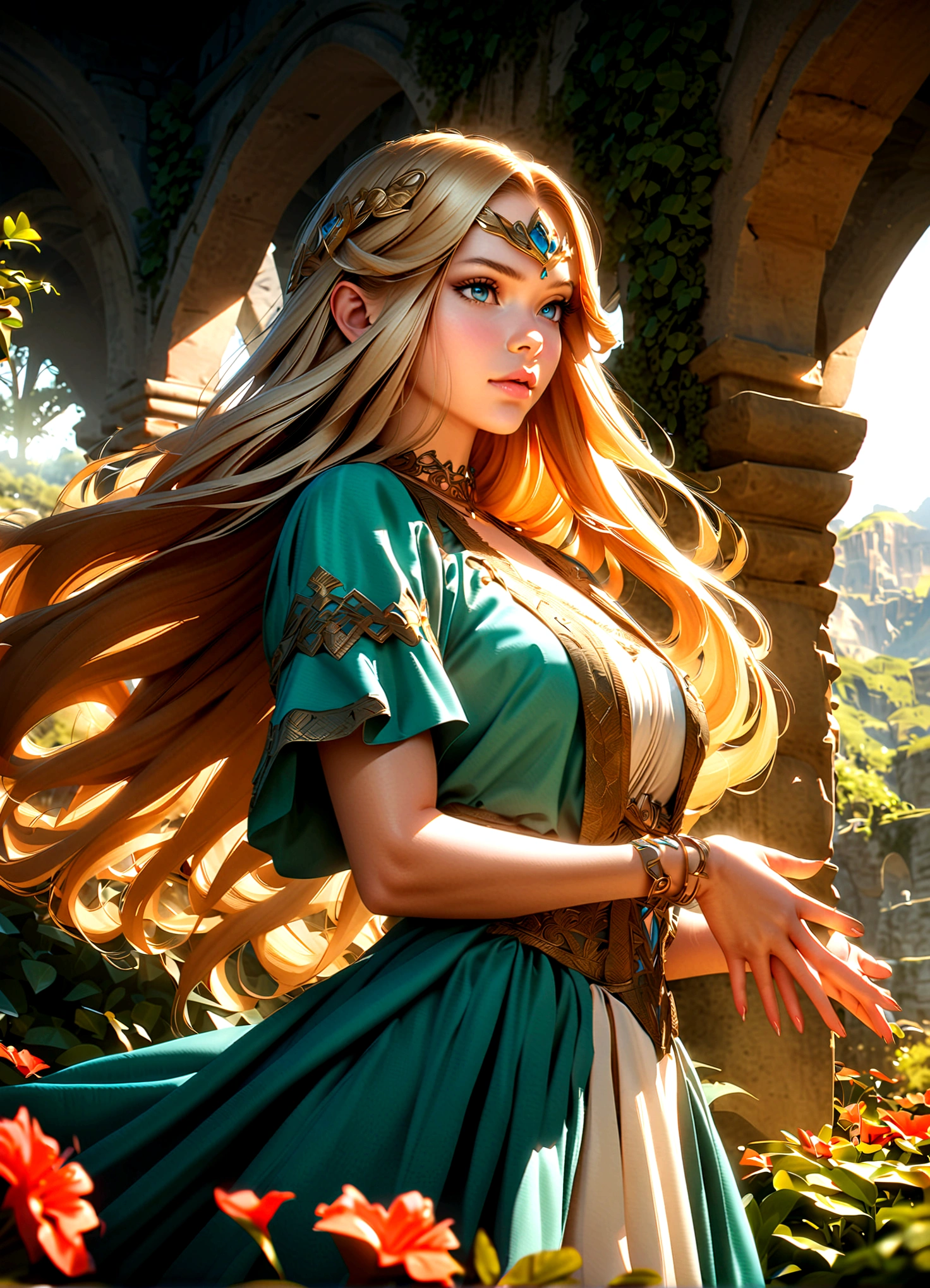 a beautiful princess zelda in the garden of hyrule, detailed face with beautiful eyes, lips and nose, long flowing hair, ornate royal dress, elegant pose, cinematic lighting, fantasy landscape, lush greenery, flowers, sun rays, vibrant colors, photorealistic, 8k, masterpiece