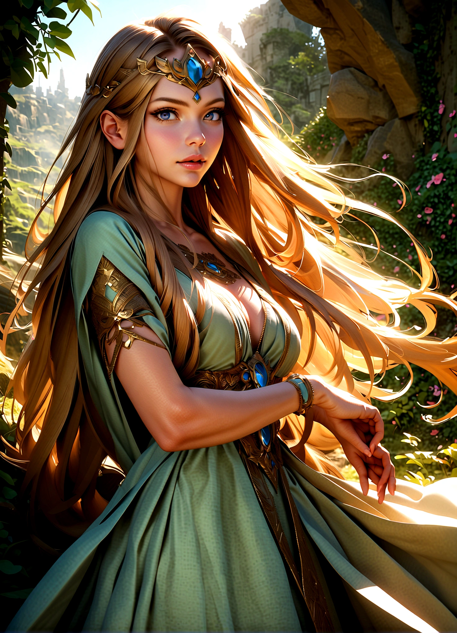 a beautiful princess zelda in the garden of hyrule, detailed face with beautiful eyes, lips and nose, long flowing hair, ornate royal dress, elegant pose, cinematic lighting, fantasy landscape, lush greenery, flowers, sun rays, vibrant colors, photorealistic, 8k, masterpiece
