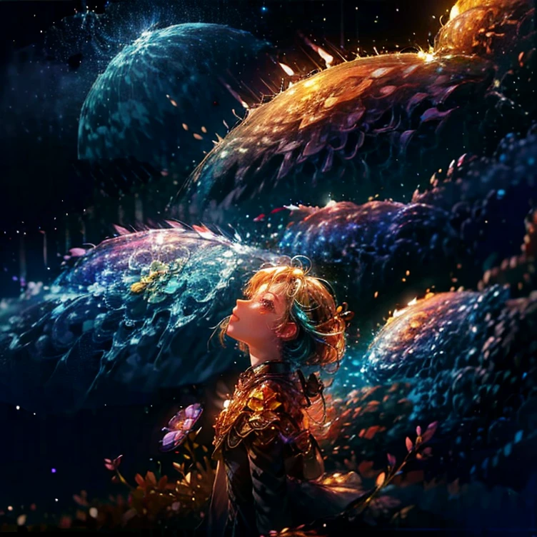 Describe a scene where a cute girl character is lying on a grassy hill, Looking up at the starry sky. Surround her with colorful nebulae and her favorite constellations.