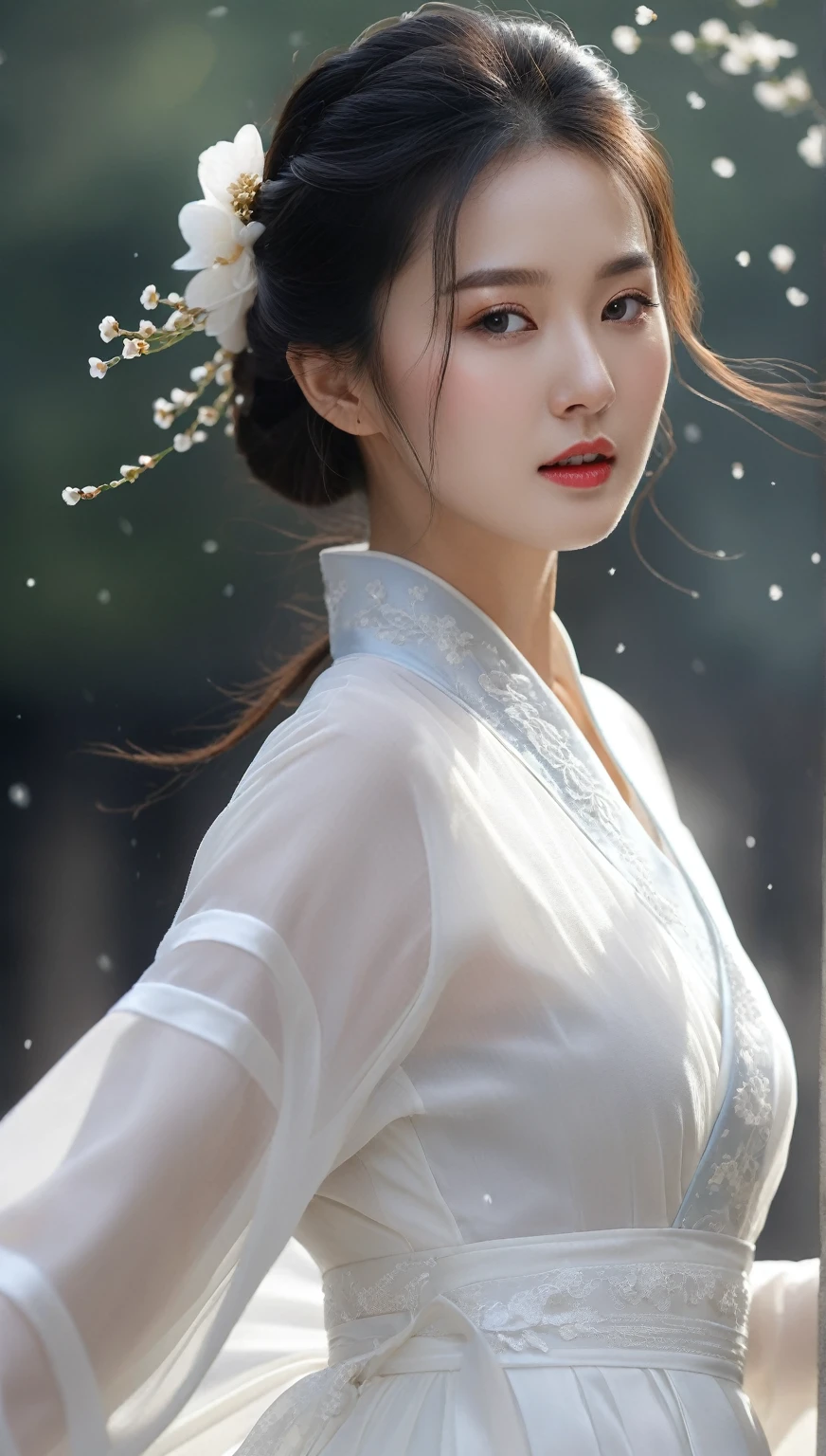 beautiful Korean woman, (((Mikamaria))), (motion blur:1.3), abnormally stunning beautiful face, black and white close-up,woman in intricate pure white hanbok dress, spinning frantically, translucent tingling air particles on dress hem, in ancient china, professional fashion photography,UHD, 4k, 8k