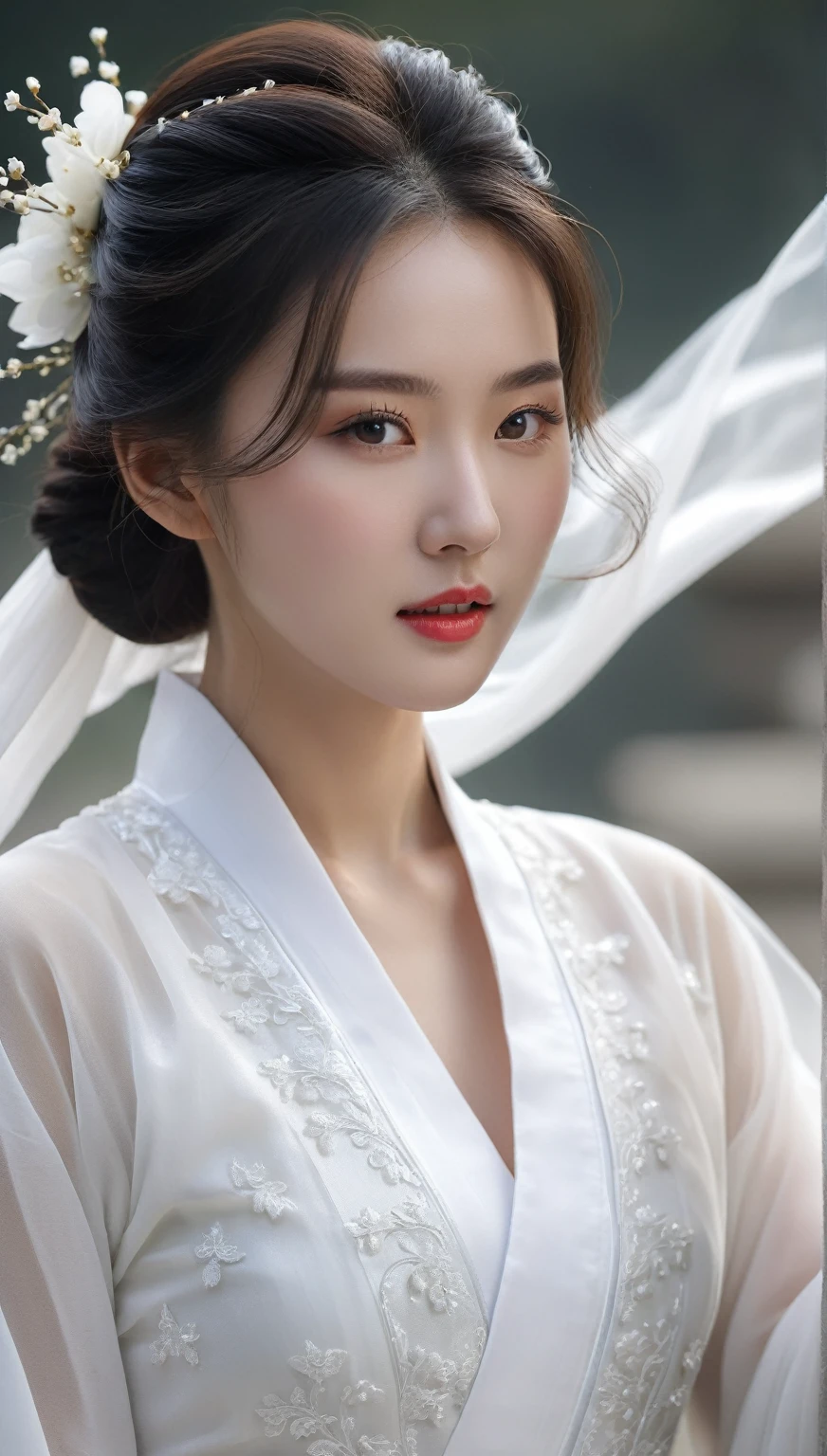 beautiful Korean woman, (((Mikamaria))), (motion blur:1.3), abnormally stunning beautiful face, black and white close-up,woman in intricate pure white hanbok dress, spinning frantically, translucent tingling air particles on dress hem, in ancient china, professional fashion photography,UHD, 4k, 8k