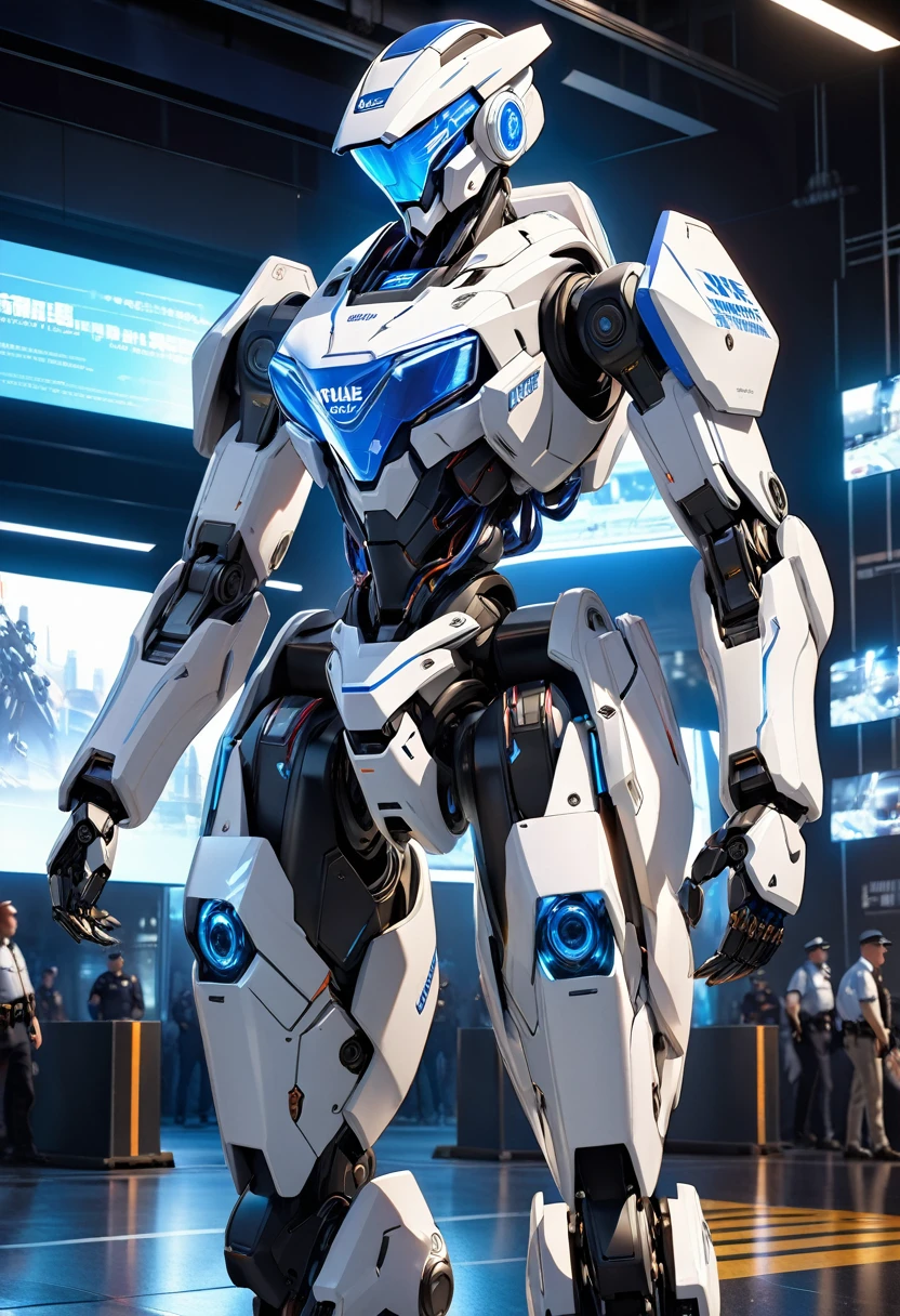3dCG Concept art,Depicting a futuristic police-type humanoid robot,The robot is humanoid and has the same height as a human.The whole body is mechanical and it is like a mannequin that is an independent robot that cannot be operated by humans.The paint is mainly white with the police colors of the city police mixed in.A completely inorganic and emotionless machine.He can recreate optical camouflage on his body using holographic effects.The background shows police cars flashing numerous patrol lights at a crime scene at night,The robot is tethered to numerous cables and waits for the time to be deployed.The beautiful depiction and luster of the robot's entire body mechanism, the beauty and powerful effect of the holographic effect of the body,The sense of urgency and tension immediately after the incident, Super Realistic,Photo-like resolution,(High quality, high quality, 4k, 8k:1.2), ultra detail.Cinema lighting, dramatic lighting,Ultra-fine painting, physically based rendering, professional photography,